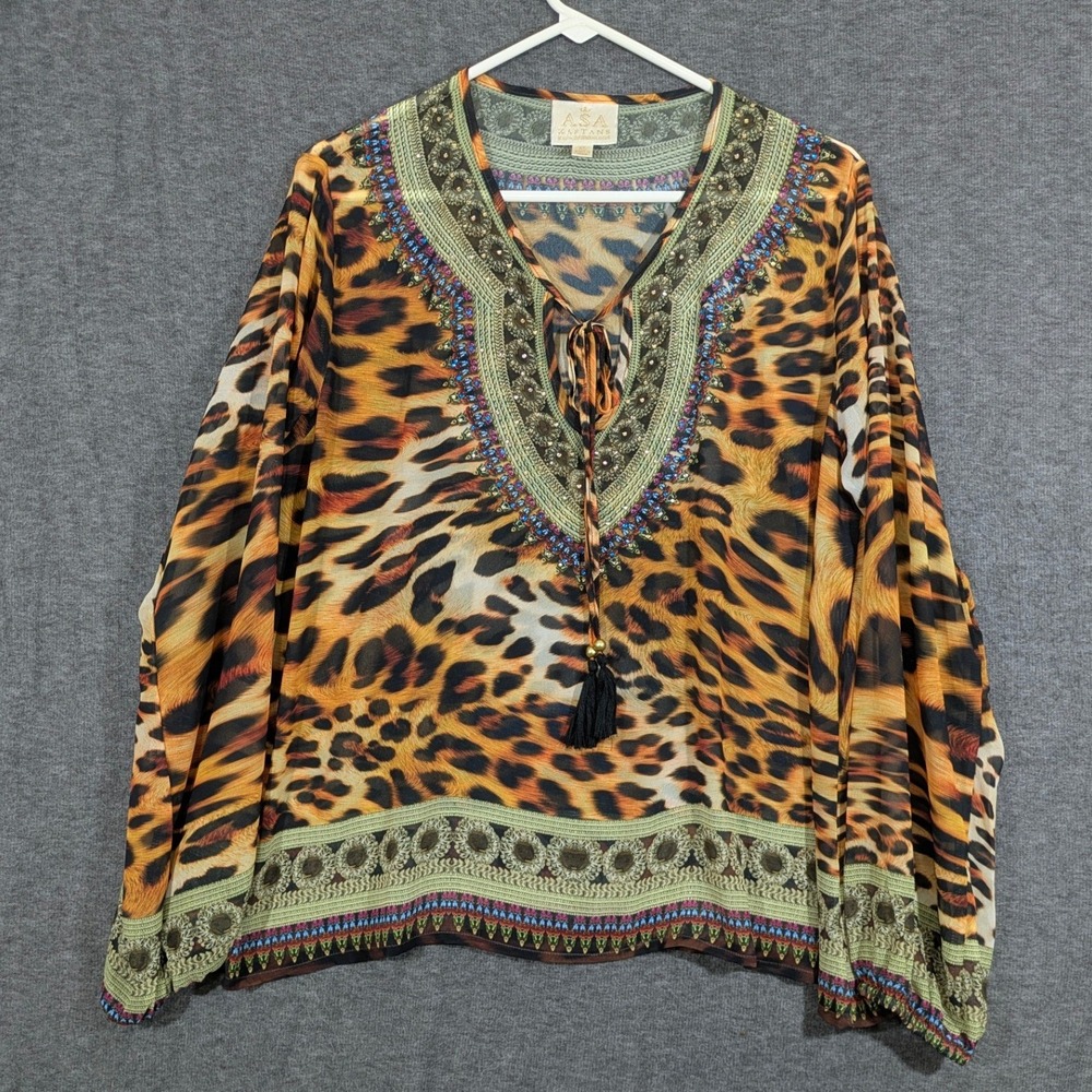 ASA Kaftan Womens Sheer Leopard Print Rhinestone V-Neck Tassel-Tie Tunic Size XL